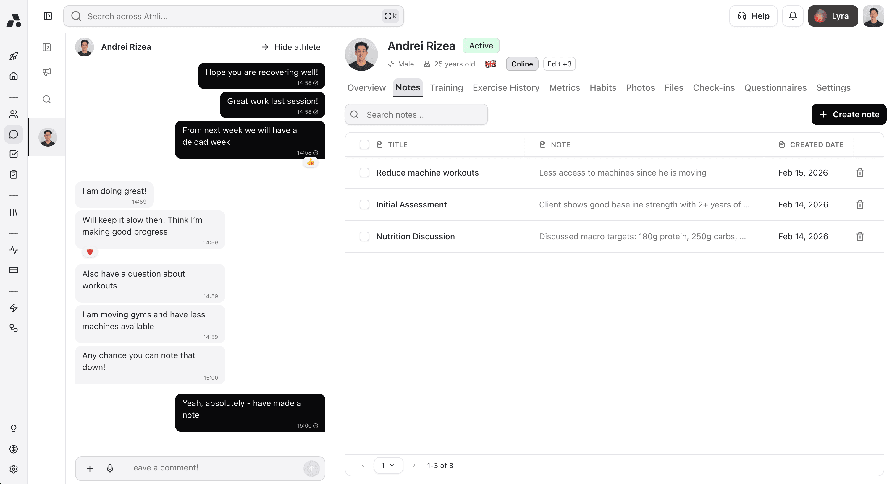 Athli Inbox — Message clients with their full profile in view
