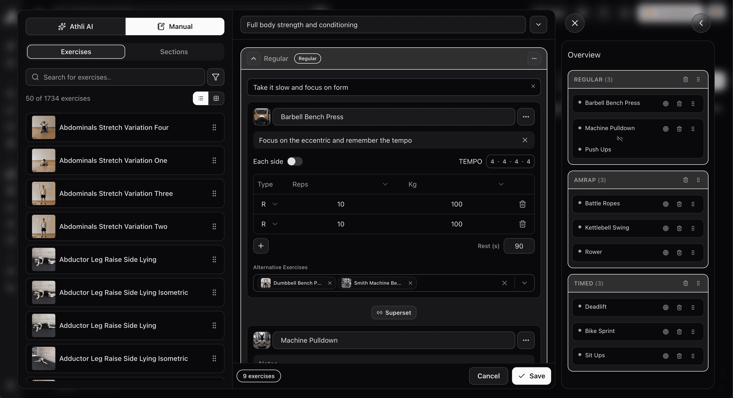 Athli Workouts — Over 1,700 exercises, fully customizable