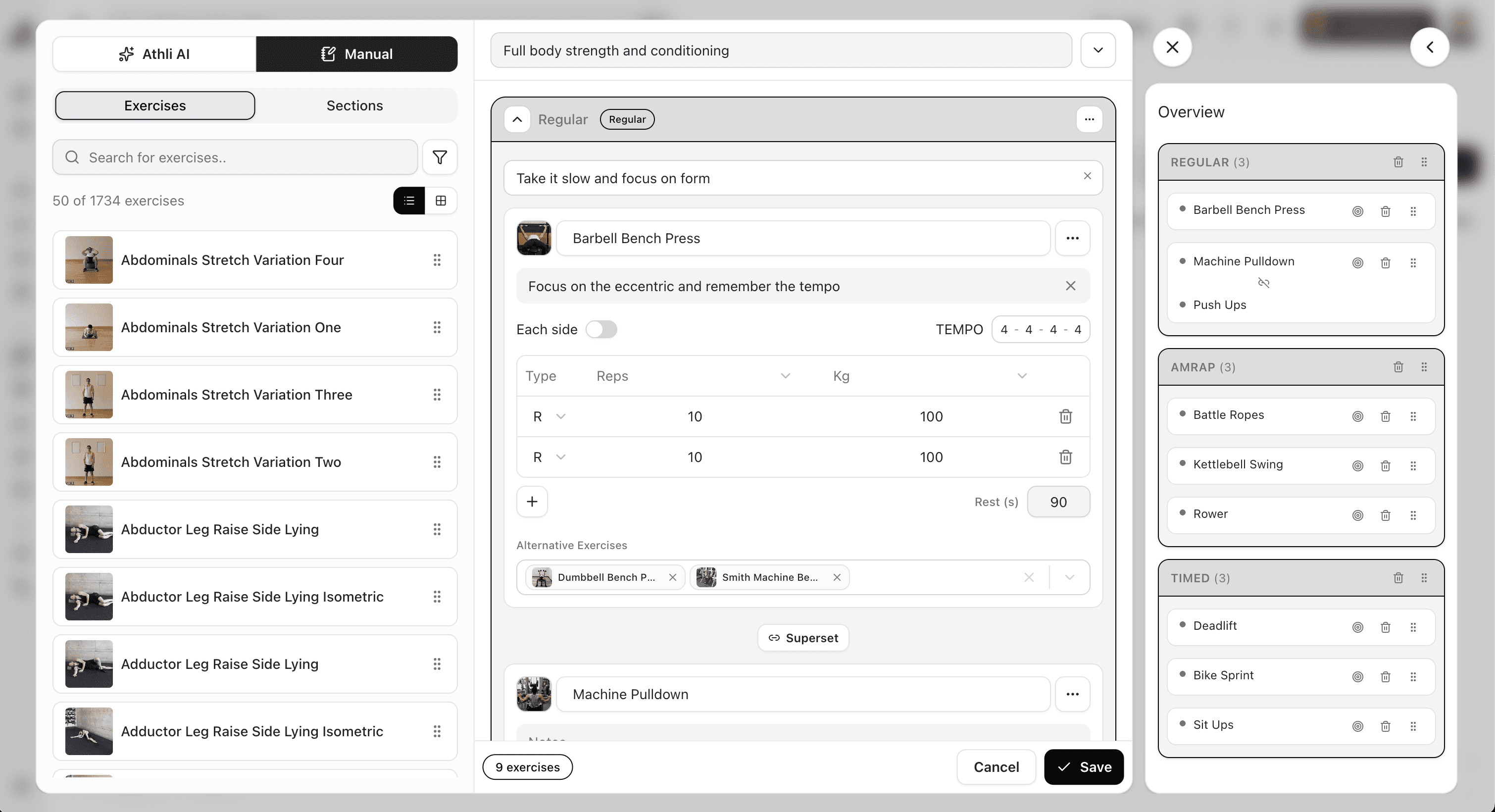 Athli Workouts — Over 1,700 exercises, fully customizable